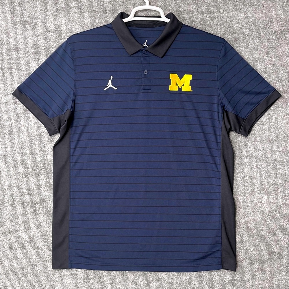 Jordan Michigan Wolverines Dri-FIT Striped Polo Shirt Mens L Navy Nike Stretch